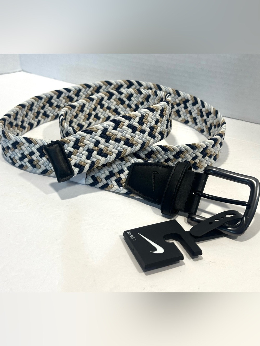Nike Men's Braided Belt in White, Navy & Tan - Size L